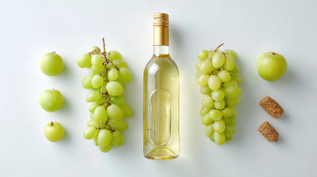 A neat arrangement of a wine bottle and fresh green grapes sits on a white canvas, showing a simple yet elegant setup.の素材