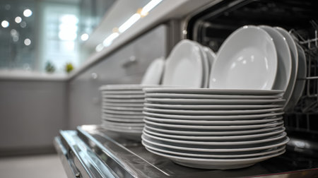 Plates are neatly arranged and drying in a modern dishwasher, showcasing a clean and organized kitchen design with minimal dの素材