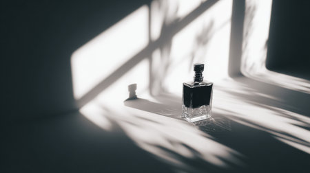 A clear bottle stands on a white surface, casting a long soft shadow while light filters through, creating an airy and minimalist scene.の素材