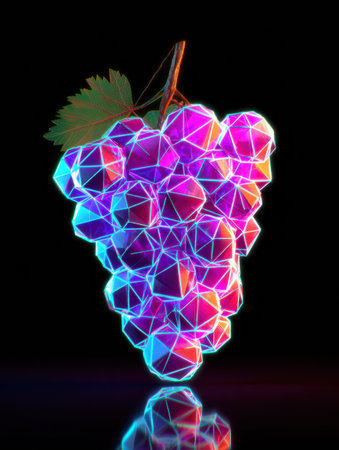 Vivid grapes made of glowing polygons stand out against a dark backdrop, showcasing a unique cyber design that captivates the eye.の素材