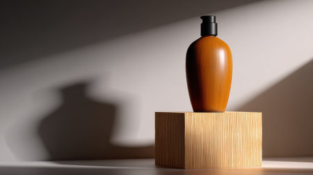 A smooth bottle with a wooden finish is carefully placed on a light-colored pedestal, illuminated by soft studio lighting casting gentle shadows.の素材