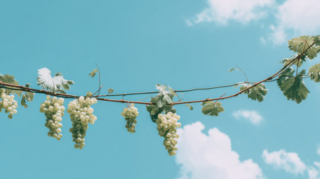 Vibrant green grape vines hang gracefully against a clear, blue sky in a serene setting that embodies luxury organic wine culture.の素材