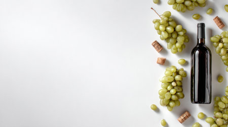 A wine bottle sits neatly in the center, complemented by clusters of fresh green grapes and corks on a white canvas backdrop.の素材