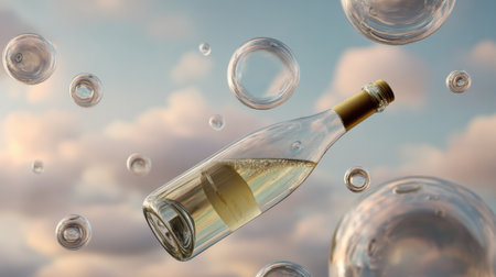 A wine bottle drifts among shimmering bubbles in a dreamlike atmosphere filled with soft clouds and warm light.の素材