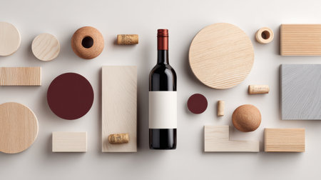 A wine bottle stands in the middle of various geometric shapes, showing a modern design approach with clean lines and neutral tones.の素材