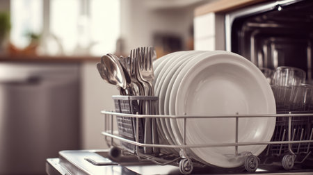 A dishwasher is filled with clean plates and silverware, showing a tidy kitchen environment with bright natural light.の素材