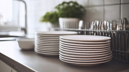 In a minimal kitchen, clean plates are neatly stacked and drying while cutlery is organized in a rack. Fresh herbs add a touch of green.の素材