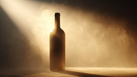 A striking bottle silhouette emerges from a mystical fog, illuminated by golden light, creating an aura of intrigue and beauty.の素材