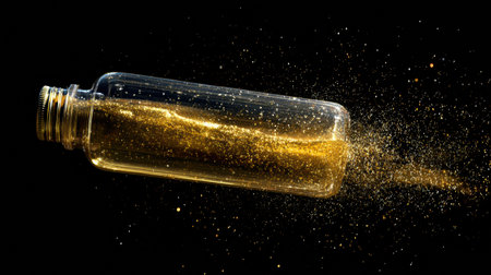 A floating wine bottle releases golden particles that swirl gracefully around it in a dark, empty space, creating an enchanting visual effect.の素材