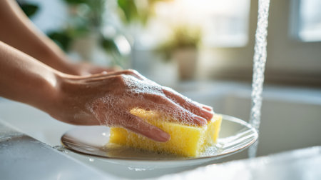 Hands are scrubbing a plate with a yellow sponge in a sunlit kitchen sink, creating soap bubbles in a cheerful morning atmosphere.の素材