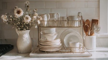 Clean dishes are neatly arranged in an organized dish rack, set against a bright and airy kitchen with a simple design.の素材
