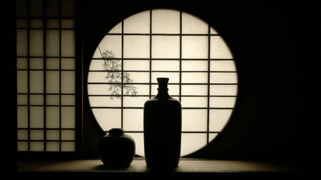 Silhouettes of a bottle and jar are highlighted by the circular Japanese window, showing the harmony of light and shadow in a tranquil space.の素材
