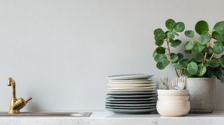 Clean dishes are neatly stacked on a countertop, accompanied by fresh green plants set by the sink in a minimalist kitchen scene.の素材