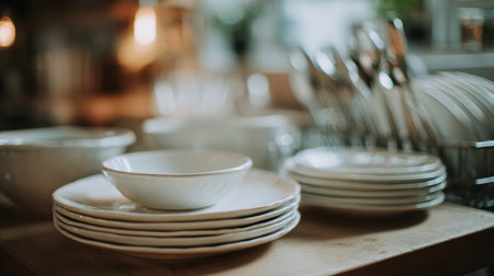 Neatly stacked white plates and shiny cutlery are placed in an open dishwasher in a warm and inviting kitchen space.の素材
