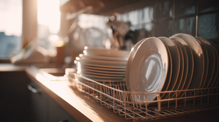 Clean dishes are neatly arranged in an open dishwasher, filling a modern kitchen with soft warm light reflections during the late afternoon.の素材