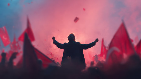 Crowd gathers enthusiastically as a leader stands with arms raised, flags waving in the air, creating a powerful and emotional atmosphere.の素材
