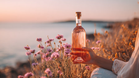 A ros wine bottle glows beautifully in a summer sunset, surrounded by colorful flowers by the serene water.の素材