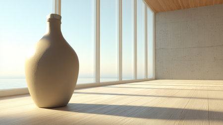 A simple bottle is positioned in a spacious room by soft white windows, highlighting the beauty of natural light and minimalism.の素材