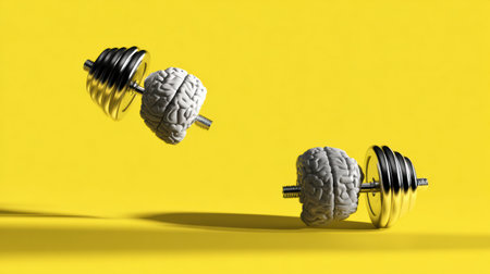 Dumbbells shaped like a brain are lifted against a bright yellow background, emphasizing the importance of mental training and health.の素材