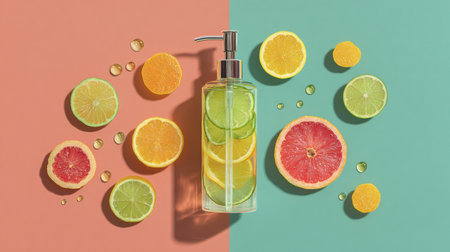 A clean hand sanitizer pump bottle is placed amidst fresh citrus slices and colorful splashes, creating a lively and refreshing scene.の素材