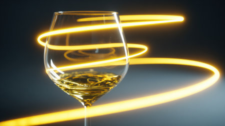 A vibrant neon trail encircles a wine glass, creating a dynamic and futuristic swirl against a dark background, adding energy and intrigue.の素材