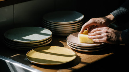 Hands scrub clean plates with a sponge as sunlight reflects off the dishes in a cozy kitchen setting during the day.の素材