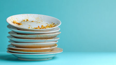 Dirty plates on a table remind us of the need for cleanliness and hygiene in our homes and kitchens.の素材