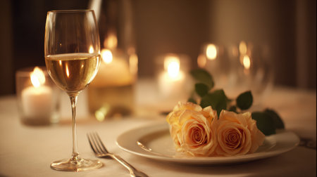 Enjoy a romantic dinner setting featuring candlelight, a glass of wine, and beautiful soft roses on a table ready for an intimate evening.の素材
