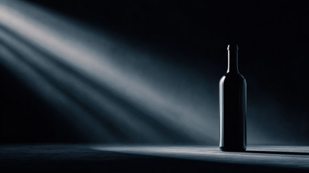 An elegant wine bottle stands alone in a soft spotlight, creating a striking contrast with the dark, minimal background for a luxury feel.の素材