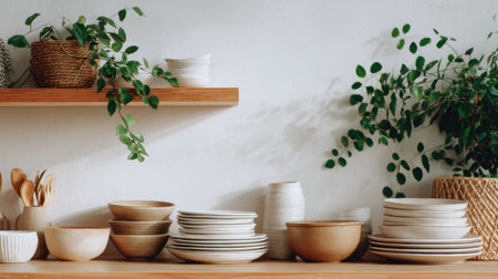 A bright and tidy kitchen showcases clean dishes stacked neatly, surrounded by green plants and wooden shelves adding freshness to the atmosphere.の素材