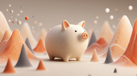 A clay piggy bank stands among colorful graphs and abstract shapes representing financial growth and savings strategies.の素材