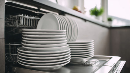 Plates are neatly arranged and drying inside a modern dishwasher located in a minimal kitchen with bright natural light streaming in.の素材