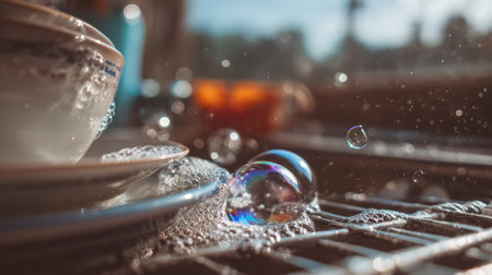 Water droplets and colorful soap bubbles appear in a close-up while washing dishes by hand in a sunlit kitchen.の素材