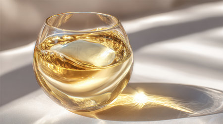 A glowing white wine glass reflects a cold-gold tone, resting elegantly on a light-colored tabletop, creating a serene atmosphere.の素材