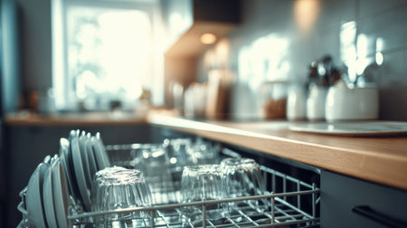 Bright and clean kitchen features an open dishwasher showcasing neatly stacked glasses and plates while illuminated by natural daylight.の素材
