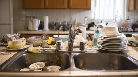 On the left, a cluttered kitchen sink full of dirty dishes contrasts with a spotless, organized space on the right.の素材