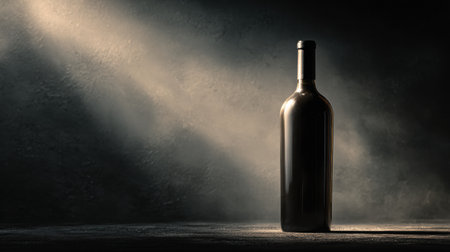 An elegant wine bottle stands alone in a soft spotlight, surrounded by a dark minimal background that enhances its luxurious appeal.の素材