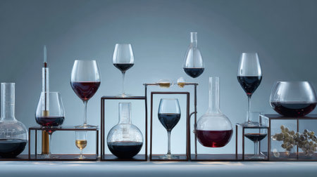Colorful glasses and beakers display various wine samples in a sleek laboratory setting with minimal design and soft lighting.の素材