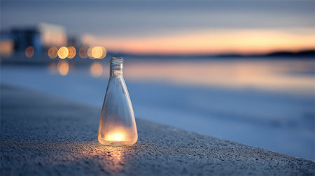 A glass bottle rests on a cold, smooth concrete surface during twilight, glowing softly with industrial light while the water reflects distant lights.の素材
