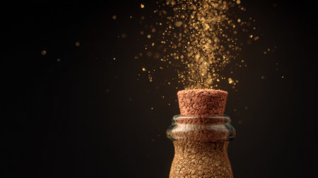 A cork bursts from a bottle golden releasing sparks that create a vibrant and celebratory ambiance, perfect for special occasions.の素材