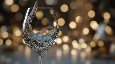 A close-up view of wine swirling in a glass, highlighted by a backdrop of golden bokeh lights, creating a luxurious atmosphere.の素材