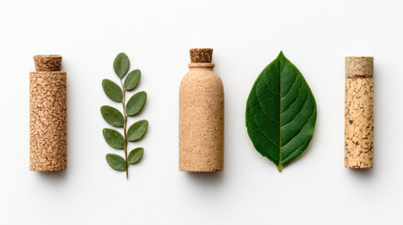 Cork elements, a simple bottle, and a green leaf are arranged symmetrically on a white background, creating a serene still life setup.の素材