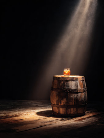 A glass filled with a golden liquid rests on a rustic wooden barrel, highlighted by a warm spotlight against a dark background.の素材