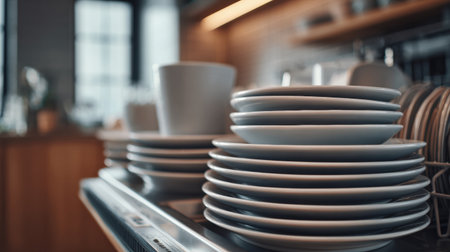Dishes are neatly arranged inside a modern dishwasher, showcasing a warm and inviting home setting during the day.の素材
