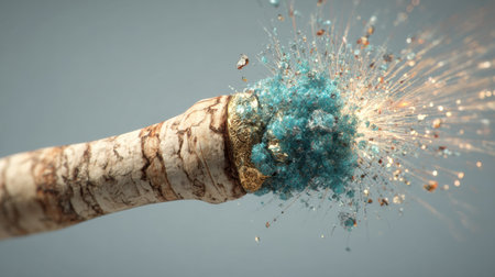 A cork is dramatically popping, sending colorful particles and bubbles into the air, adding excitement to the moment of celebration.の素材
