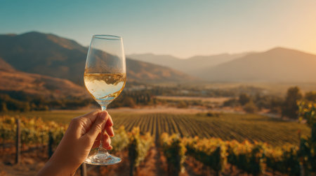 A hand holds a glass of wine against a stunning vineyard view during sunset, highlighting a moment of lifestyle elegance and tranquility.の素材
