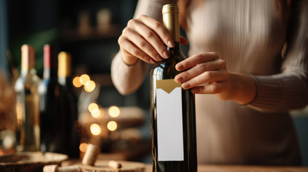 Hands gently place a gold foil sticker on a wine bottle, showing careful labeling in a warm and inviting atmosphere.の素材