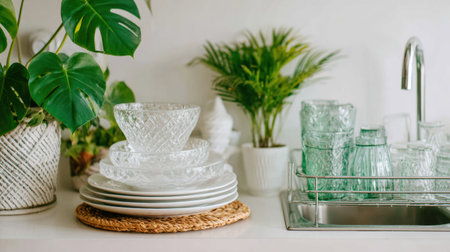 Bright kitchen scene features clean dishes stacked near a modern sink, adorned by vibrant green plants creating a fresh atmosphere.の素材