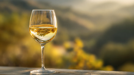 A beautiful wine glass filled with delicate white wine captures the essence of a vineyard bathed in golden sunlight, enhancing the serene moment.の素材