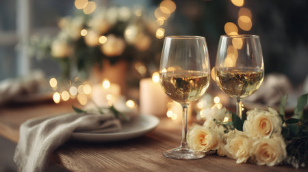 A beautifully arranged table features two wine glasses, white roses, and candles, creating a romantic atmosphere for dinner.の素材